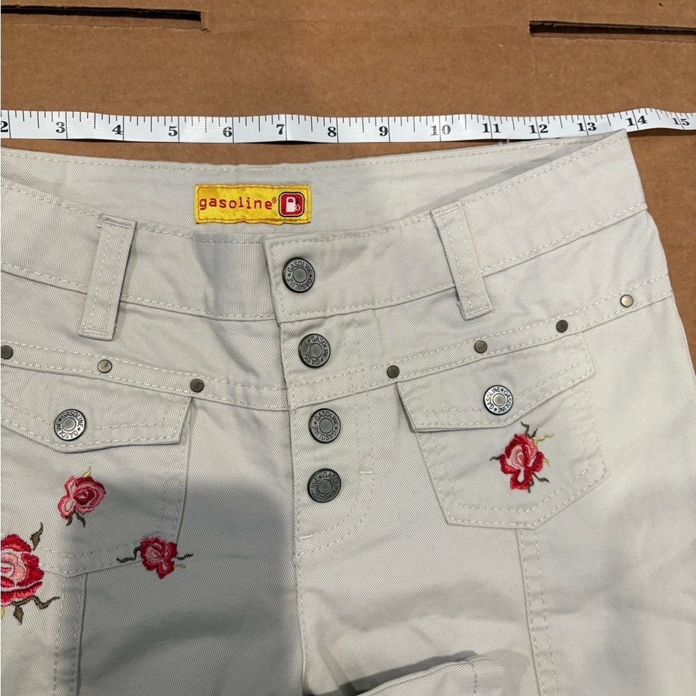 Vintage Y2K Gasoline Hippie Embroidered Flare Khaki Pants Women’s Size 12 EUC - Picture 13 of 16